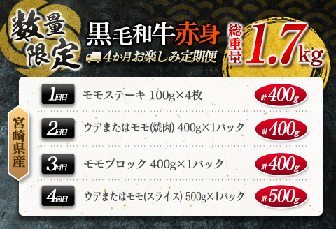 【令和8年2月から毎月配送】赤身肉の4か月定期便 数量限定 黒毛和牛 赤身 牛肉 お楽しみ 定期便 総重量1.7kg 肉 焼肉 ステーキ すき焼き しゃぶしゃぶ スライス ブロック 牛丼 赤身もも 国産 食品 おかず 高級 BBQ おすすめ 食べ比べ ミヤチク 配送月が選べる 宮崎県 日南市 送料無料_H51-25-A 令和8年2月から毎月配送