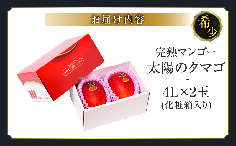 完熟マンゴー 太陽のタマゴ 4L × 2玉 期間限定 数量限定 宮崎 マンゴー フルーツ 果物 くだもの 国産 食品 ブランドマンゴー 糖度15度以上 希少 濃厚 デザート おすすめ 冷蔵 ご褒美 贅沢 おすそわけ 化粧箱入り ギフト 贈り物 贈答 日南市 送料無料_IG5-25