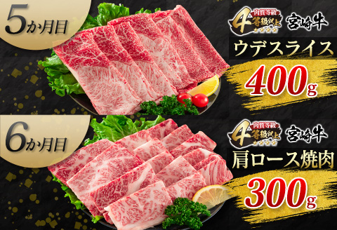 6か月 お楽しみ 定期便 宮崎牛 焼肉 スライス セット 総重量2.2kg 牛肉 ビーフ 黒毛和牛 国産 ブランド牛 すき焼き しゃぶしゃぶ 焼しゃぶ 炒め物 BBQ うで 肩ロース もも ばら ご褒美 お祝い 記念日 A4 4等級以上 お取り寄せ グルメ 宮崎県 日南市 送料無料_KB1-23