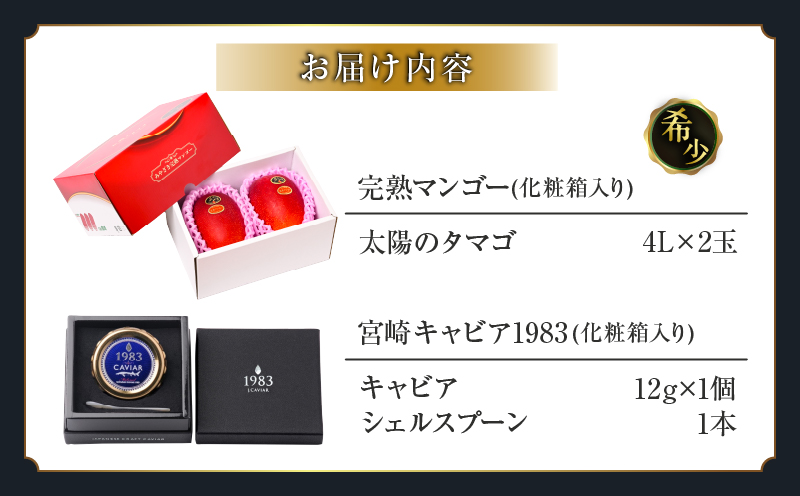 完熟マンゴー 太陽のタマゴ (4L×2玉) ＆ 宮崎キャビア1983 1個 期間限定 数量限定 宮崎 マンゴー フルーツ 果物 くだもの キャビア 魚介 魚卵 詰め合わせ 国産 食品 希少 デザート おすすめ 冷蔵 ご褒美 贅沢 選べる ギフト 贈り物 日南市 送料無料_LF1-25 太陽のタマゴ4L×2玉＆キャビア1個