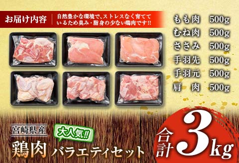 ≪様々な料理に大活躍!≫ 小分け 真空パック 鶏肉 バラエティ セット 合計3kg 鶏もも肉 鶏むね肉 ささみ 手羽先 手羽元 詰め合わせ 国産 肉 大満足 6種 食品 おかず からあげ BBQ 人気 おすすめ お弁当 万能食材 宮崎県 日南市 送料無料_BC123-25