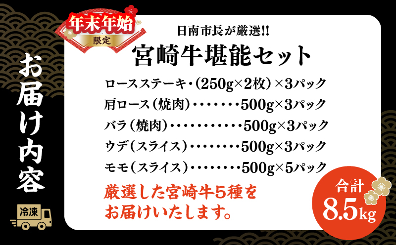 ≪年末年始限定≫日南市長厳選!! 宮崎牛 堪能 セット 合計8.5kg 期間限定 数量限定 肉 牛肉 ステーキ 焼肉 スライス すき焼き しゃぶしゃぶ ロース バラ ウデ モモ 大容量 黒毛和牛 国産 赤身肉 霜降り 食べ比べ 牛丼 おすすめ A4 A5 最高級 宮崎県 送料無料_AG4-25 合計8.5kg　寄附額300,000円