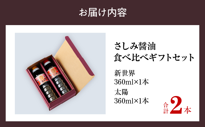 さしみ醤油 食べ比べギフトセット(合計2本) 食品 加工品 調味料 しょうゆ 2種 オリジナルBOX入り 人気商品 新世界 太陽 魚料理 肉料理 野菜料理 卵かけご飯 餅 刺身 煮物 詰め合わせ おすすめ プレゼント 贈り物 おすそ分け 宮崎県 日南市 送料無料_AV4-25