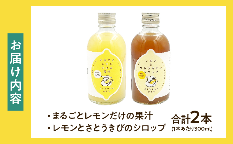 果汁100％「まるごとレモンだけの果汁」と「レモンとさとうきびのシロップ」セット 合計2本 果物 フルーツ くだもの れもん 檸檬 サトウキビ 柑橘 ジュース 飲料 ドリンク 国産 無添加 保存料不使用 ギフト 贈り物 贈答 プレゼント 宮崎県 日南市 送料無料_BC135-25