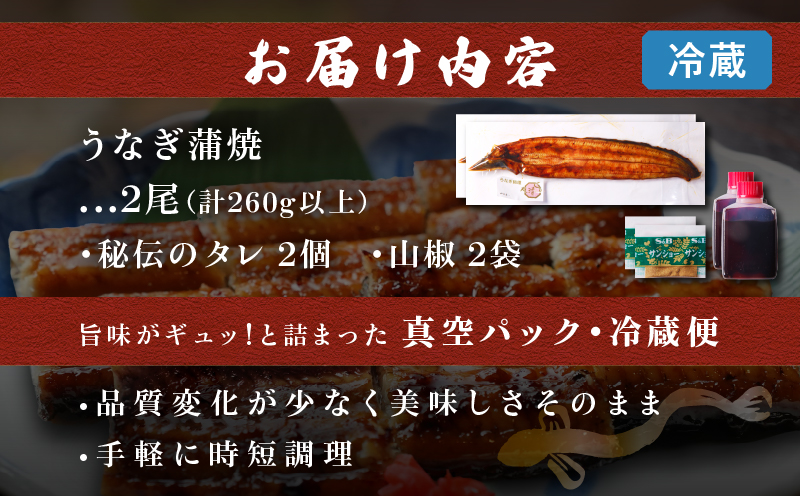 職人 手焼き うなぎ蒲焼 2尾 計260g以上 鰻 魚介類 伝統の味 秘伝のタレ 厳選 国産 ウナギ おかず 食品 加工品 真空パック 冷蔵 人気 おすすめ うな重 うな丼 惣菜 お土産 ひつまぶし うなぎ寿司 お祝い 贈り物 ギフト 贈答 プレゼント 宮崎県 日南市 送料無料_CD40-23