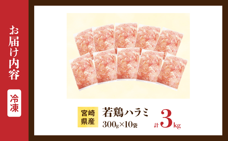 希少部位 宮崎県産 若鶏 ハラミ 計3kg 鶏肉 とり 鳥 国産 小分け 真空パック おかず お弁当 おつまみ 食品 チキン 簡単調理 鶏飯 焼き鳥 焼肉 炒め物 揚げ物 唐揚げ チキンカレー おすすめ 贈り物 ギフト おすそ分け 冷凍 宮崎県 日南市 送料無料_CB107-25