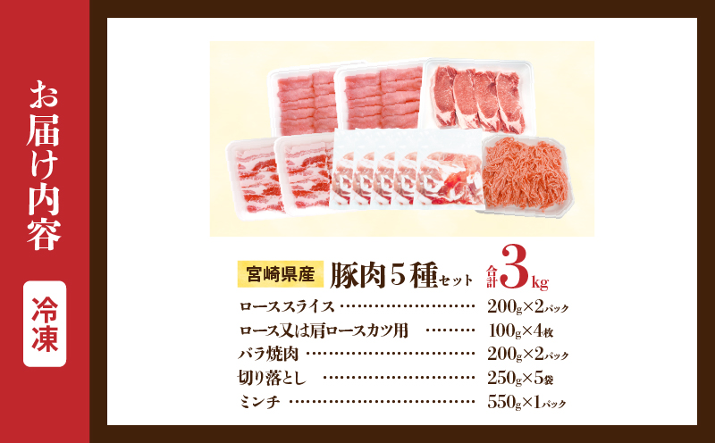 宮崎県産 豚肉 5種 セット (合計3kg) 国産 食品 豚バラ 切り落とし ロース スライス ミンチ 焼肉 BBQ しゃぶしゃぶ 生姜焼き とんかつ ソテー 豚丼 ハンバーグ 個包装 小分け おすすめ おかず お弁当 晩ご飯 手軽 便利 ギフト 贈り物 冷凍 日南市 送料無料_CC69-25