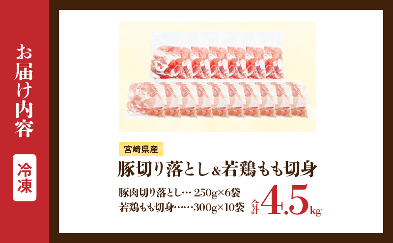 宮崎県産 豚肉切り落とし＆若鶏もも切身セット 合計4.5kg 肉 豚 鶏肉 小分け 真空パック 国産 食品 万能食材 豚丼 焼肉 から揚げ とり天 炒め物 おかず お弁当 おつまみ 詰め合わせ 食べ比べ おすすめ 冷凍 宮崎県 日南市 送料無料_CD72-25 合計4.5kg