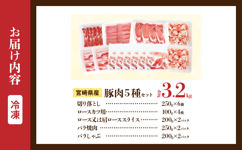 宮崎県産 豚肉 5種 セット (合計3.2kg) 国産 食品 豚バラ 切り落とし ロース スライス 焼肉 BBQ しゃぶしゃぶ 生姜焼き とんかつ ソテー 豚丼 野菜炒め 冷しゃぶ 個包装 小分け おすすめ おかず お弁当 晩ご飯 手軽 便利 ギフト 贈り物 冷凍 日南市 送料無料_CD73-25