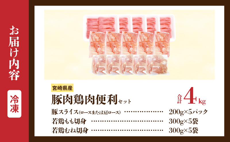 宮崎県産 豚肉＆鶏肉 便利セット 合計4kg 国産 食品 スライス もも むね 切身 小分け 真空パック 万能 簡単調理 食べ比べ おかず から揚げ チキン南蛮 カレー しゃぶしゃぶ すき焼き 生姜焼き サラダチキン 棒棒鶏 おすすめ 冷凍 日南市 送料無料_D124-25