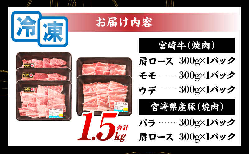 宮崎牛 宮崎県産豚 5種 食べ比べ 焼肉 セット 合計1.5kg 数量限定 肉 牛肉 豚肉 豚バラ 国産 食品 A4 A5 黒毛和牛 和牛 肩ロース モモ ウデ 豚肩ロース バーベキュー BBQ アウトドア おかず お弁当 ご褒美 お祝 記念日 贈り物 ギフト 贈答 冷凍 宮崎県 日南市 送料無料_DC25-24