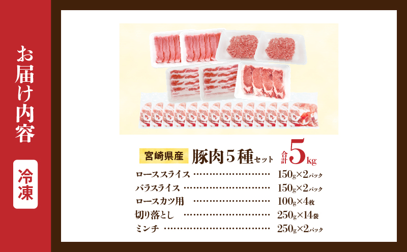 宮崎県産 豚肉 5種 セット (合計5kg) 国産 食品 ロース 豚バラ スライス 切り落とし ミンチ しゃぶしゃぶ 生姜焼き とんかつ ソテー 豚丼 ハンバーグ 餃子 個包装 小分け おすすめ おかず お弁当 晩ご飯 手軽 便利 ギフト 贈り物 冷凍 日南市 送料無料_DC33-25