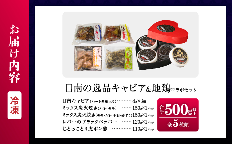 数量限定 日南の逸品 キャビア＆地鶏 コラボセット (全5種類) 炭火焼 地頭鶏 三大珍味 高級 黒いダイヤ 魚卵 魚介 魚貝 国産 食品 加工品 惣菜 簡単調理 プレゼント 贈り物 ギフト ご褒美 お祝い 記念日 パーティー お取り寄せ グルメ 宮崎県 日南市 送料無料_DD16-25
