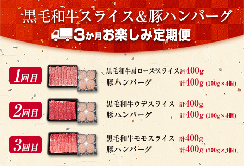 3か月 お楽しみ 定期便 黒毛和牛 スライス 豚 ハンバーグ 総重量2.4kg 牛肉 豚肉 国産 すき焼き しゃぶしゃぶ 肩ロース ウデ モモ 食品 おかず お弁当 グルメ 贅沢 ご褒美 お祝 人気 おすすめ 詰め合わせ お取り寄せ ミヤチク 宮崎県 日南市 送料無料_GE15-25