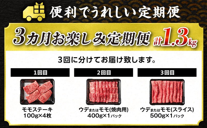 【令和8年1月から毎月配送】赤身肉の3か月定期便 数量限定 黒毛和牛 赤身 牛肉 お楽しみ 定期便 総重量1.3kg 肉 焼肉 ステーキ すき焼き しゃぶしゃぶ スライス 牛丼 赤身もも 国産 食品 おかず 高級 BBQ おすすめ 食べ比べ ミヤチク 配送月が選べる 宮崎県 日南市 送料無料_FI6-25-L 令和8年1月から毎月配送