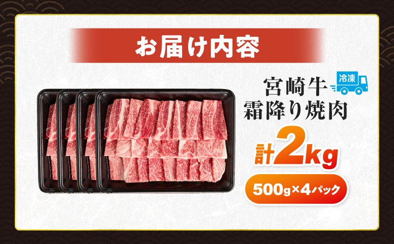 ≪お歳暮・冬ギフト2025≫数量限定 宮崎牛 霜降り 焼肉 計2kg 肉質等級4等級以上 牛肉 黒毛和牛 国産 食品 おかず 最高級 ブランド牛 焼き肉 BBQ バーベキュー キャンプ 人気 おすすめ 記念日 贈り物 お取り寄せ ミヤチク 宮崎県 日南市 送料無料_FG10-253 【焼肉計2kg】お歳暮・冬ギフト2025（寄附額37,000円）