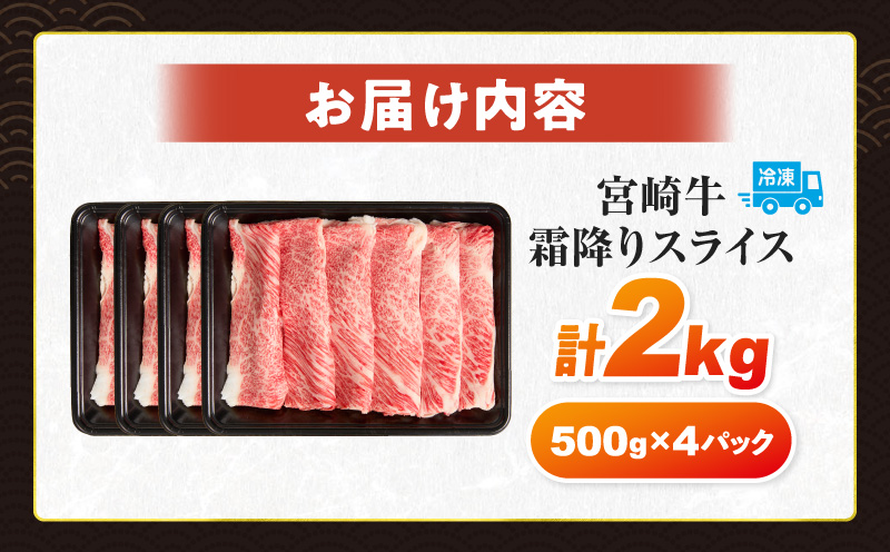 【令和8年8月配送】数量限定 宮崎牛 霜降り スライス 計2kg 肉質等級4等級以上 牛肉 黒毛和牛 国産 食品 おかず 最高級 ブランド牛 すき焼き しゃぶしゃぶ 肉じゃが 人気 おすすめ 記念日 贈り物 お取り寄せ ミヤチク 宮崎県 日南市 送料無料_FG11-25-08 【スライス計2kg】令和8年8月配送(寄附額37,000円)