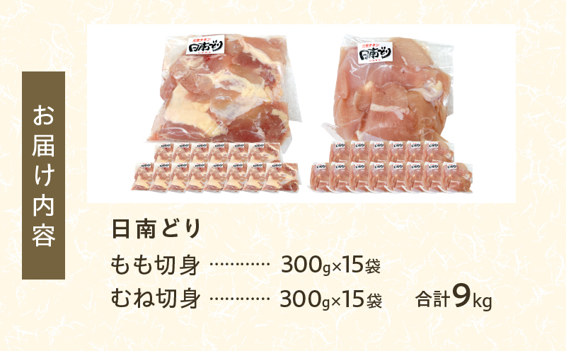 日南どり もも むね 切身 セット 合計9kg 肉 鶏肉 とり 鳥 国産 小分け 真空パック カット済 おすすめ 詰め合わせ おかず お弁当 唐揚げ スープ 煮込み 蒸し料理 ギフト 贈り物 贈答 お祝い 記念日 宮崎県 日南市 送料無料_GE12-25 合計9kg