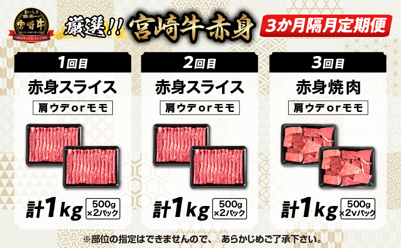 3か月隔月定期便 数量限定 厳選 宮崎牛 赤身 スライス 焼肉 合計3kg 牛肉 国産 すき焼き しゃぶしゃぶ 焼き肉 鉄板焼き BBQ バーベキュー 人気 黒毛和牛 肩ウデ モモ A4 A5 等級 小分け 食品 選べる ミヤチク 宮崎県 日南市 送料無料_HI3-25