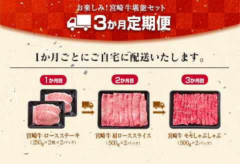 3か月 お楽しみ 定期便 宮崎牛 堪能 セット 合計3kg 牛肉 黒毛和牛 国産 ブランド牛 ミヤチク 肩ロース モモ ステーキ スライス しゃぶしゃぶ すき焼き 焼肉 4等級以上 高級 贅沢 ご褒美 お祝 記念日 おかず お取り寄せ グルメ 食品 宮崎県 日南市 送料無料_L9-25