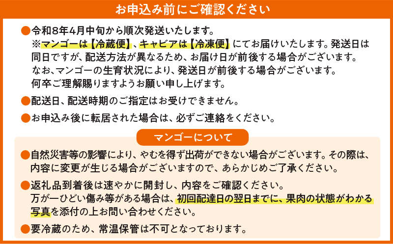 完熟マンゴー 太陽のタマゴ (4L×2玉) ＆ 宮崎キャビア1983 2個 期間限定 数量限定 宮崎 マンゴー フルーツ 果物 くだもの キャビア 魚介 魚卵 詰め合わせ 国産 食品 希少 デザート おすすめ 冷蔵 ご褒美 贅沢 選べる ギフト 贈り物 日南市 送料無料_NG1-25 太陽のタマゴ4L×2玉＆キャビア2個