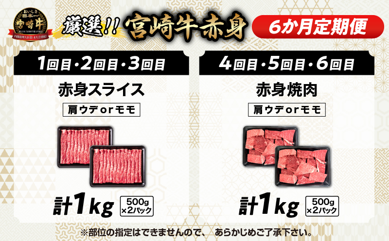 6か月定期便 数量限定 厳選 宮崎牛 赤身 スライス 焼肉 合計6kg 牛肉 国産 すき焼き しゃぶしゃぶ 焼き肉 鉄板焼き BBQ バーベキュー 人気 黒毛和牛 肩ウデ モモ A4 A5 等級 小分け 食品 選べる ミヤチク 宮崎県 日南市 送料無料_NH2-25