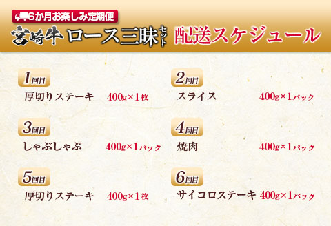 数量限定 6か月 お楽しみ 定期便 宮崎牛 ロース 三昧 セット 総重量2.4kg 牛肉 ビーフ 黒毛和牛 国産 ブランド牛 食品 ステーキ スライス しゃぶしゃぶ 焼肉 サイコロ すき焼き 厚切り おすすめ お祝い 記念日 お取り寄せ グルメ 宮崎県 日南市 送料無料_PE1-23