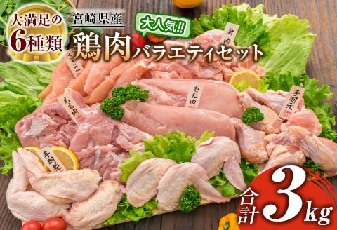 ≪様々な料理に大活躍!≫ 小分け 真空パック 鶏肉 バラエティ セット 合計3kg 鶏もも肉 鶏むね肉 ささみ 手羽先 手羽元 詰め合わせ 国産 肉 大満足 6種 食品 おかず からあげ BBQ 人気 おすすめ お弁当 万能食材 宮崎県 日南市 送料無料_BC123-25