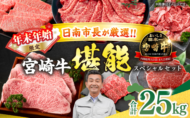 ≪年末年始限定≫日南市長厳選!! 宮崎牛 堪能 セット 合計25kg 期間限定 数量限定 肉 牛肉 ステーキ 焼肉 スライス すき焼き しゃぶしゃぶ ヒレ ロース バラ ウデ モモ 希少部位 大容量 黒毛和牛 国産 赤身肉 霜降り 食べ比べ 牛丼 おすすめ 宮崎県 送料無料_AW3-25 合計25kg　寄附額1,000,000円