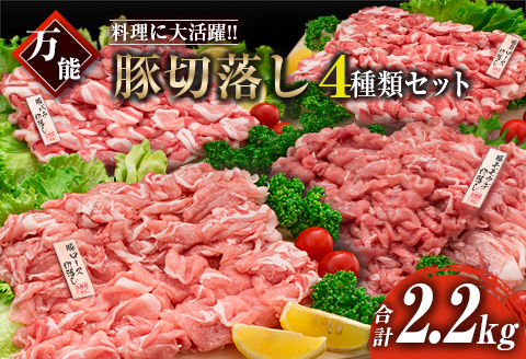 豚肉 切り落とし 4種 セット 合計2.2kg 日南市産 ポーク 国産 食品 おかず お弁当 おつまみ 万能食材 豚ロース 豚バラ 豚モモ 豚ウデ 切落し 食べ比べ 人気 おすすめ カレー 焼肉 生姜焼き 炒め物 大容量 お取り寄せ おすそ分け 宮崎県 日南市 送料無料_BC108-25