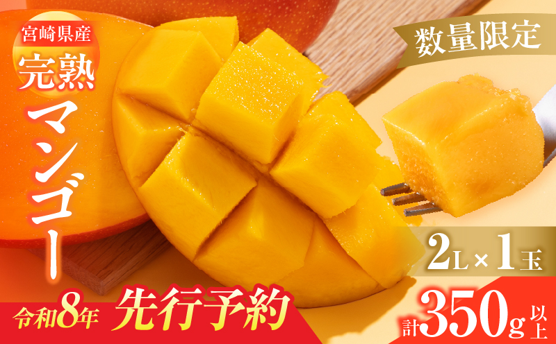 数量限定 宮崎県産 完熟マンゴー 2L×1玉 計350g以上 期間限定 フルーツ スイーツ 果物 くだもの 食品 グルメ デザート 国産 産地直送 人気 おすすめ おやつ 高級 ご褒美 贅沢 贈り物 ギフト プレゼント 令和8年発送分 宮崎県 日南市 送料無料_BA92-25 2L×1玉（計350g以上）