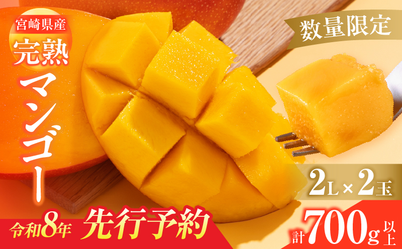 数量限定 宮崎県産 完熟マンゴー 2L×2玉 計700g以上 期間限定 フルーツ スイーツ 果物 くだもの 食品 グルメ デザート 国産 産地直送 人気 おすすめ おやつ 高級 ご褒美 贅沢 贈り物 ギフト プレゼント 令和8年発送分 宮崎県 日南市 送料無料_C142-25 2L×2玉（計700g以上）