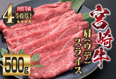 宮崎牛 肩ウデ スライス 500g 牛肉 ビーフ 黒毛和牛 肉質等級4等級以上 赤身 国産 ブランド牛 すき焼き しゃぶしゃぶ 焼肉 鍋 鉄板焼き 食品 贅沢 高級 A4ランク ご褒美 お祝い 記念日 おすすめ お取り寄せ グルメ おもてなし 宮崎県 日南市 送料無料_CB77-23