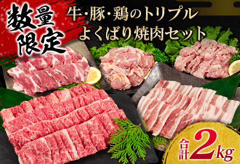 数量限定 牛肉 豚肉 鶏肉 トリプル よくばり 焼肉 セット 合計2kg 宮崎牛 ブランド牛 黒毛和牛 国産 食品 高級 贅沢 ご褒美 お祝 人気 おすすめ おかず お弁当 BBQ キャンプ グランピング お取り寄せ グルメ 詰め合わせ 大容量 宮崎県 日南市 送料無料_CB101-25