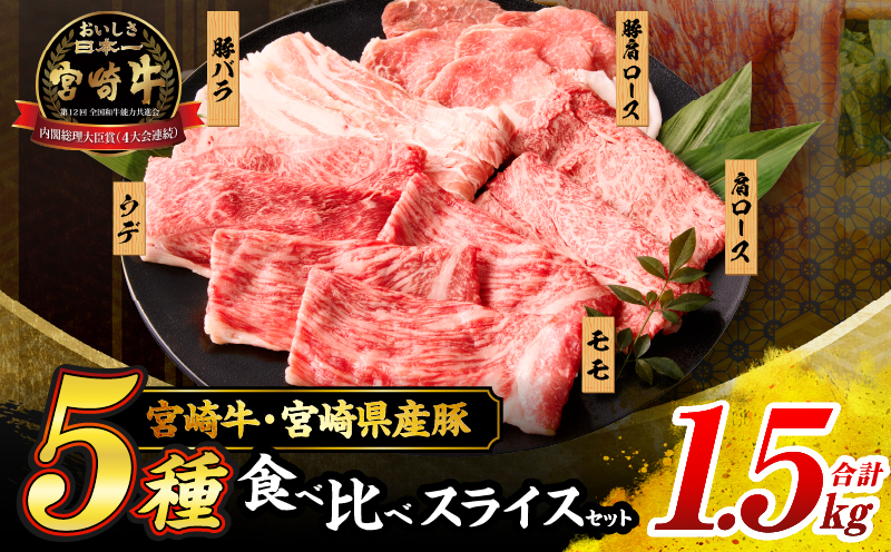 宮崎牛 宮崎県産豚 5種 食べ比べ スライス セット 合計1.5kg 数量限定 肉 牛肉 豚肉 豚バラ 国産 食品 A4 A5 黒毛和牛 和牛 肩ロース モモ ウデ すき焼き しゃぶしゃぶ 牛丼 豚しゃぶ おかず お弁当 ご褒美 お祝 記念日 贈り物 ギフト 贈答 冷凍 宮崎県 日南市 送料無料_DC24-24