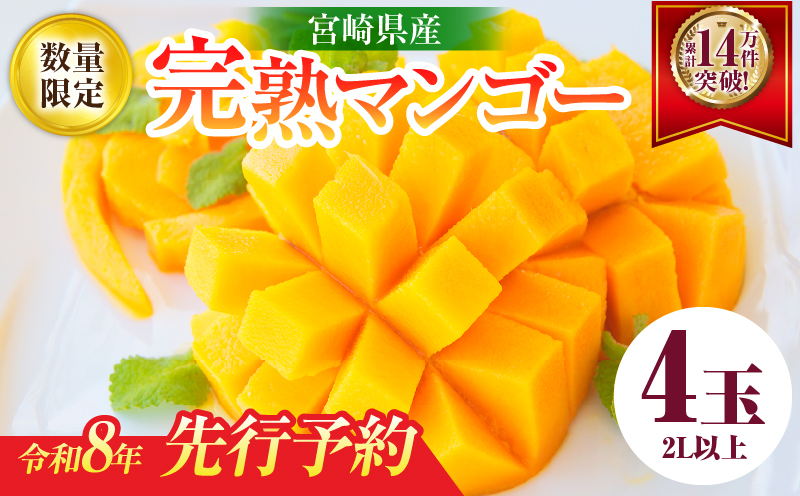 リピーター続出!!宮崎県産 完熟 マンゴー 2L以上×4玉 令和8年発送分 数量限定 フルーツ 果物 果汁 希少 濃厚 ジューシー 贅沢 上質 ご褒美 人気 国産 食品 おやつ デザート 産地直送 おすすめ ギフト プレゼント 贈り物 お土産 手土産 南国 日南市 送料無料_ED10-25 4玉