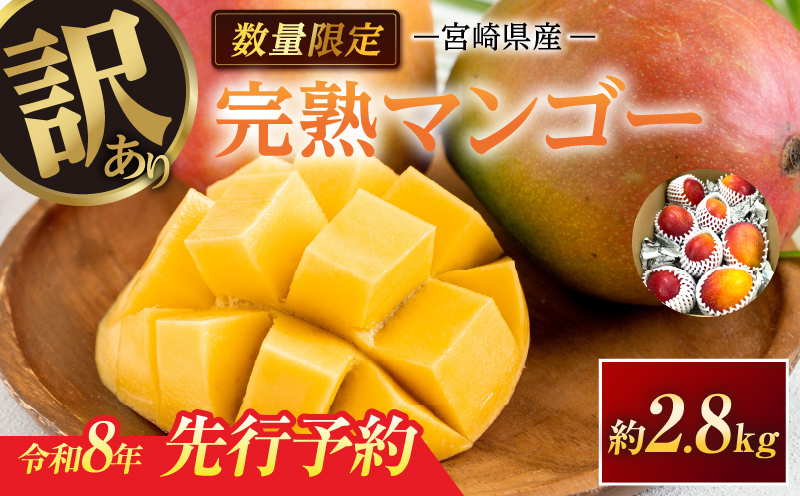 訳あり 宮崎県産 完熟マンゴー 約2.8kg 期間限定 数量限定 フルーツ 果物 くだもの 国産 食品 デザート おやつ フルーツサンド おすすめ ご褒美 贅沢 産地直送 傷 規格外 訳アリ おすそ分け 家庭用 冷蔵 宮崎県 日南市 送料無料_F77-24 約2.8kg