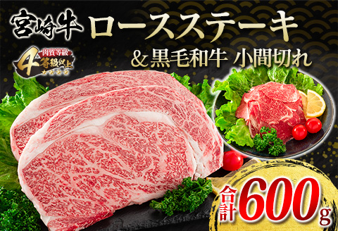 宮崎牛 ロース ステーキ 黒毛和牛 小間切れ セット 合計600g 牛肉 ビーフ 国産 万能食材 ブランド牛 おかず お弁当 おつまみ 食品 おすすめ 焼肉 バーベキュー 鉄板焼き 高級 ご褒美 お祝 記念日 お取り寄せ グルメ 冷凍 詰め合わせ 宮崎県 日南市 送料無料_F62-21