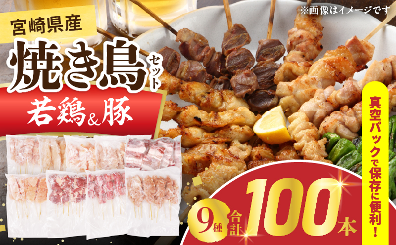宮崎県産 焼き鳥 セット (合計100本) 9種 鶏肉 とり 鳥 チキン やきとり 冷凍 鶏もも 鶏むね 豚バラ 詰め合わせ 加工品 食品 国産 真空パック BBQ バーベキュー おかず おつまみ お弁当 ギフト 贈り物 人気 おすすめ 簡単調理 宮崎県 日南市 送料無料_FF16-25 合計100本(9種)