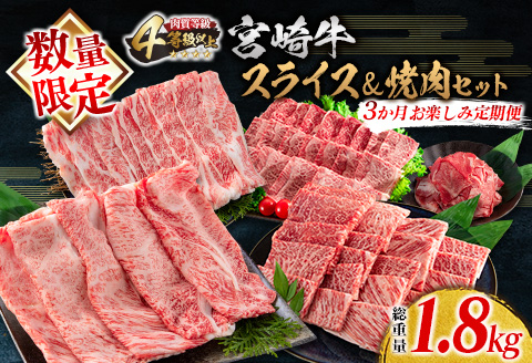 数量限定 3か月 お楽しみ 定期便 宮崎牛 スライス 焼肉 セット 総重量1.8kg 牛肉 黒毛和牛 ブランド牛 ミヤチク 国産 肩ロース モモ バラ ウデ 小間切れ 食品 おかず すき焼き しゃぶしゃぶ お祝 記念日 ご褒美 お取り寄せ グルメ 宮崎県 日南市 送料無料_HE7-25