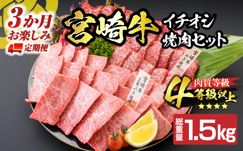 【令和8年6月から毎月配送】3か月定期便 月替わりで堪能!! 宮崎牛 イチオシ 焼肉 セット お楽しみ 定期便 総重量1.5kg ブランド牛 牛肉 黒毛和牛 国産 霜降り 赤身 人気 おすすめ 高級 ギフト プレゼント 贈り物 ミヤチク 配送月が選べる 宮崎県 日南市 送料無料_GE10-25-E 令和8年6月から毎月配送