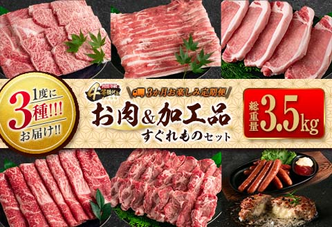 数量限定 1度に3種 お届け 3か月 お楽しみ 定期便 お肉 加工品 すぐれもの セット 総重量3.5kg以上 宮崎牛 牛肉 ビーフ 黒毛和牛 宮崎県産 豚肉 ポーク 国産 食品 惣菜 おかず 焼肉 しゃぶしゃぶ とんかつ ハンバーグ ウインナー お取り寄せ 日南市 送料無料_IC3-23