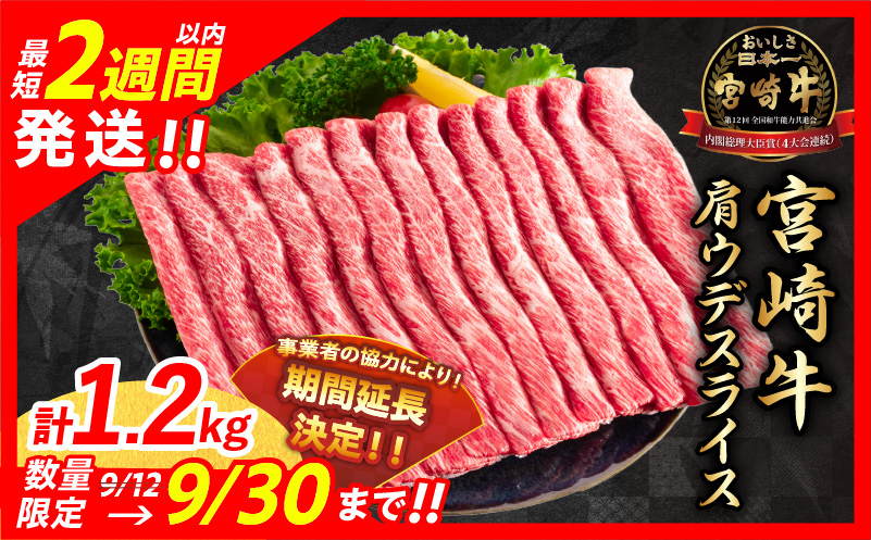 [最短2週間以内で発送]数量限定 期間限定 宮崎牛 肩ウデ スライス 計1.2kg 肉 牛肉 国産 すき焼き 人気 黒毛和牛 赤身 しゃぶしゃぶ A4 A5 等級 ギフト 贈答 小分け 食品 ミヤチク 宮崎県 送料無料 KOO評価★日南市_CA49-23-ZO2-2W