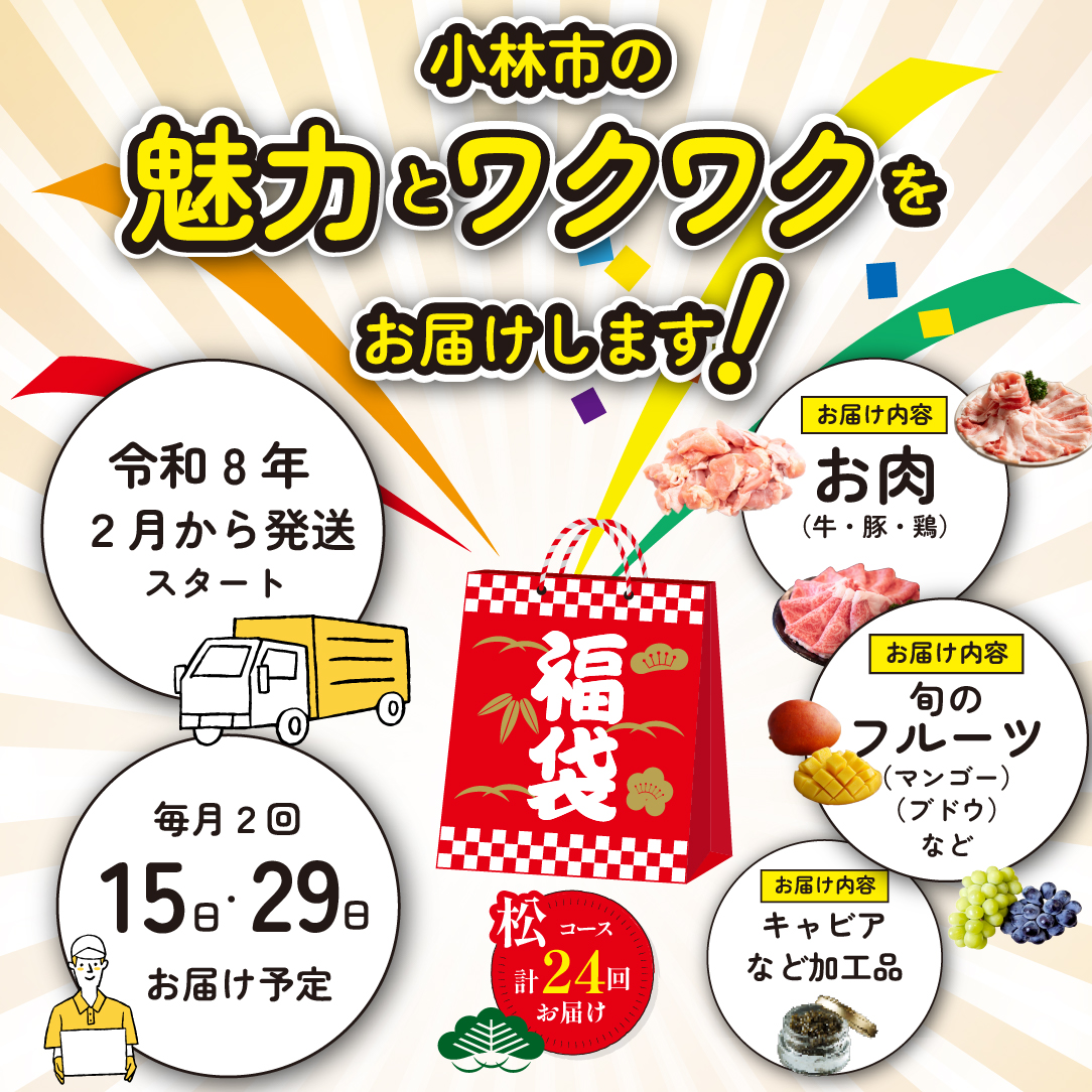 【定期便・全24回】新春おたのしみ 福袋  松（牛肉 豚肉 鶏肉 果物 フルーツ 2026 限定 定期便 先行予約 宮崎 小林市）
