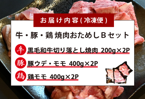宮崎県産 牛・豚・鶏 焼肉おためしBセット 計2kg（牛肉 豚肉 鶏肉 和牛 焼肉 訳あり 小分け 食べ比べ）