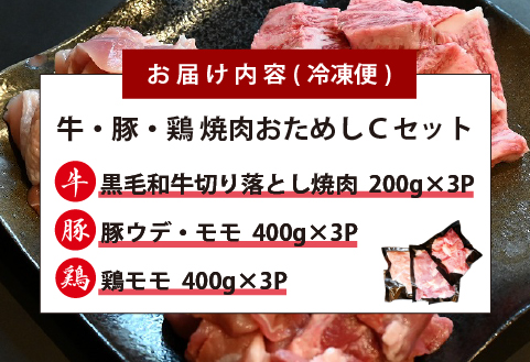 宮崎県産 牛・豚・鶏 焼肉おためしCセット 計3kg（牛肉 豚肉 鶏肉 和牛 焼肉 訳あり 小分け 食べ比べ）