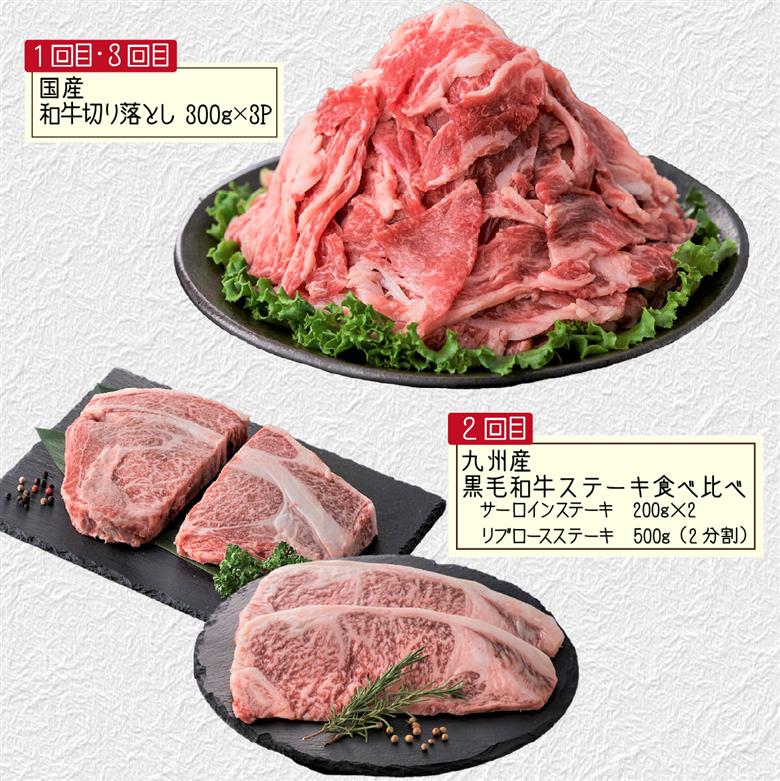 【定期便 全3回】牛肉満喫定期便（牛肉 黒毛和牛 ステーキ 切り落とし サーロイン 定期便 小分け）
