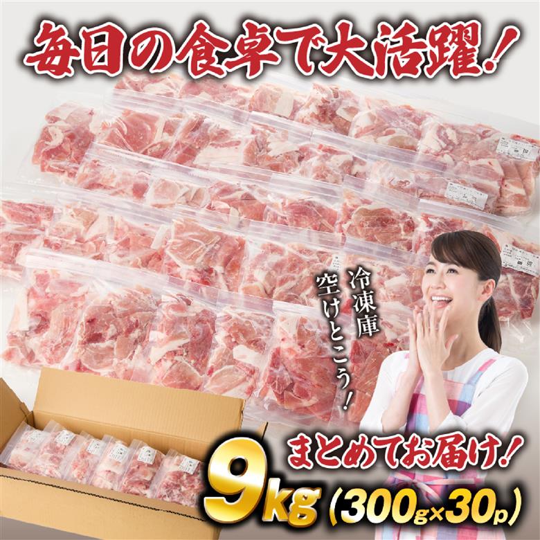 九州産豚小間切れ 9kg 300g×30P（国産 豚 豚肉 小間切れ 豚小間 豚こま 切り落とし 真空 小分け 冷凍 宮崎県 小林市 ）