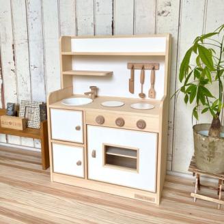 手作り木製玩具／ままごとキッチンデラックスタイプ（ホワイト）
