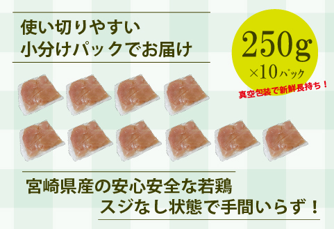 【手間いらず！】宮崎県産若鶏スジなしささみ2.5kgセット（250g×10P 国産 鶏肉 若鶏 ササミ 大容量 冷凍）